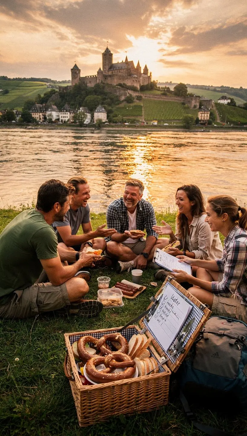 Eine Familie genießt ein Picknick auf einer Wiese in einem Park, umgeben von blühenden Blumen.