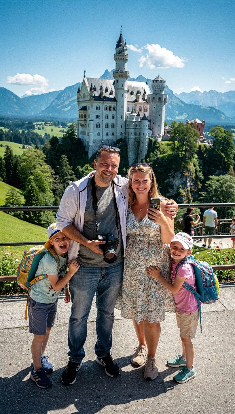 Ein Rucksack mit Campingausrüstung steht auf einem Holzstamm inmitten eines dichten Waldes.